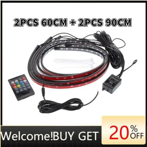 4pcs Car Underglow Neon Accent Strip Light Kit 7 Color Sound Active Function APP/Remote Control LED Underbody System Light Strip