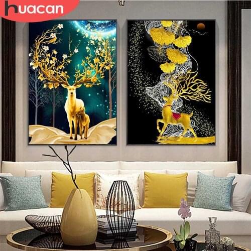 HUACAN 5D DIY Diamond Painting New Animal Flower Diamond Embroidery Cross Stitch Golden Deer Rhinestones Mosaic Home Decor