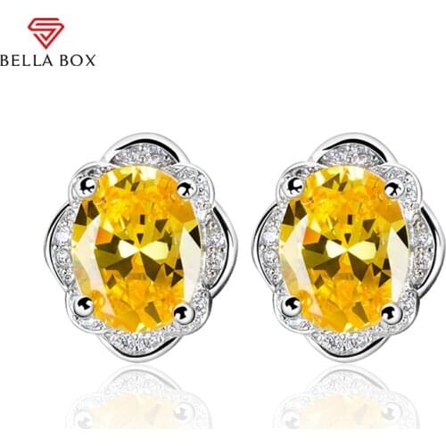 BELLA BOX Luxury 925 Sterling Silver Stub Earrings With Yellow Color Oval Shape Topaz Gemstones Wedding Party Wholesale Gift