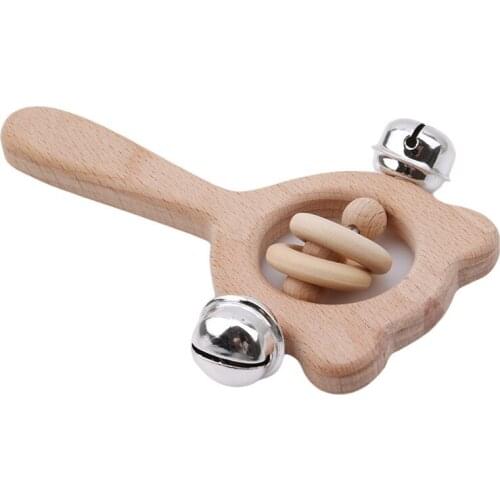 Wood Cartoon Bear Hand Teething Wooden Ring Can Chew Beads Baby Rattles Play Gym Montessori Stroller Toys