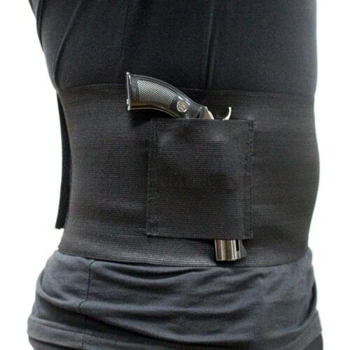 Concealed Belly Band Gun Holster Under Cover Elastic Abdominal Band Pistol Holster with 2 Magazine Pouch for 38" to 50"