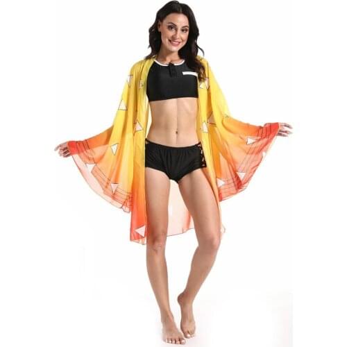 Anime Demon Slayer Kimetsu no Yaiba Agatsuma Zenitsu Bikini Beach Swimsuit Set Cosplay Costume Swimwear