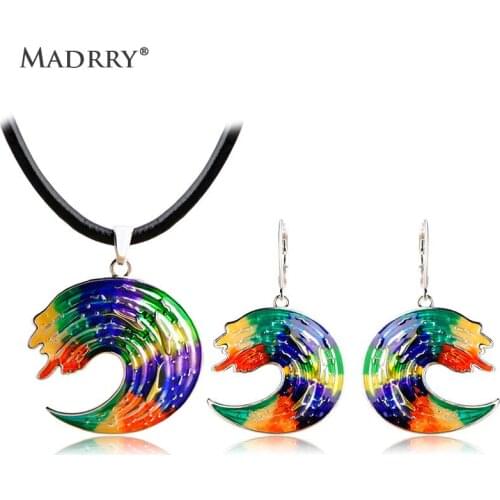 Madrry Pretty Enamel Jewelry Sets Difficult Craft Pendant Necklace & Earrings Leather Chain Vintage Feminino Aretes 3 Colors