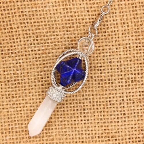 Trendy-beads Unique Silver Plated Lapis Lazuli MerKaBa Rock Crystal Hexagon Column Pendant
