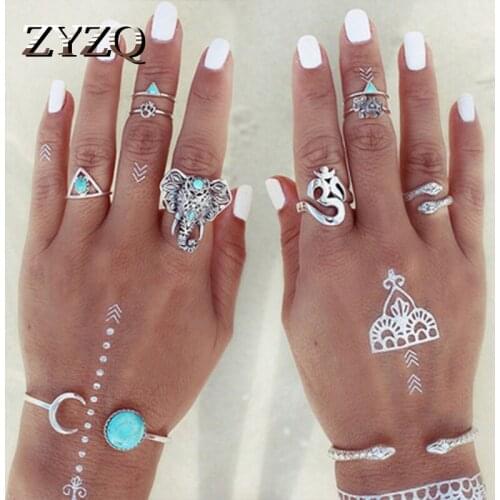 ZYZQ Trendy Luxury Elephant Shaped Bohemia Ring Sets Vintage Stylish Silver Plated Beach Accessories Jewelry Wholesale Lots&Bulk
