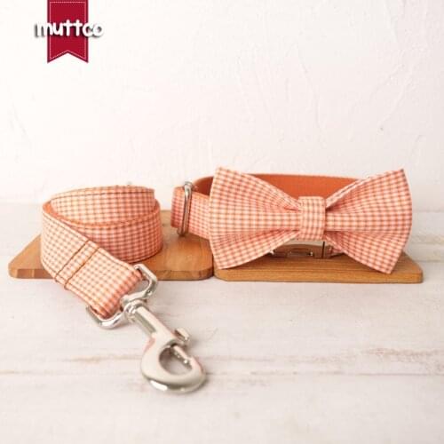 MUTTCO lovable cute pet dog ID tag collar leash ORANGE TINY PLAID self-design adjustable puppy nameplate collar 5 sizes UDC105