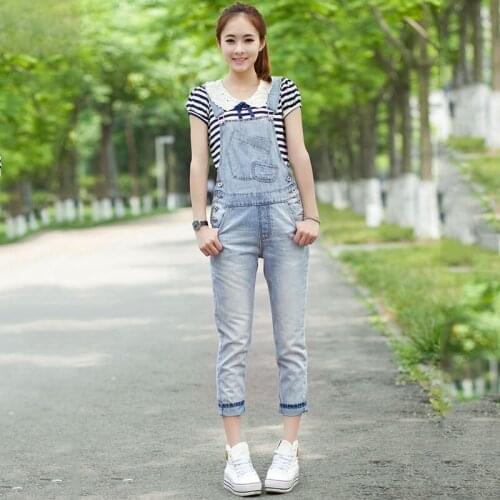 2020 New Modis Suspenders One-piece Denim Overalls Female Korean version of the tide Loose Small Straight Seven pants