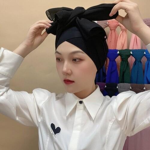 New Bow-Knot Style Hijab with Jersey Bonnet Chiffon Shawl HeadScarf Solid Color Inner Hijab Cover Headwrap Turbante