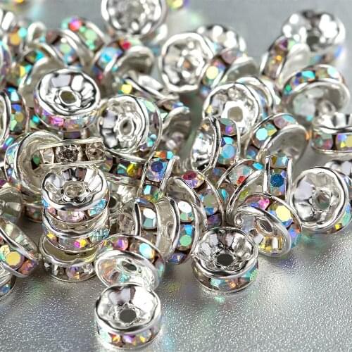 Wholesale 6/8mm Metal Silver Plated Crystal Rhinestone Rondelle Spacer Beads For DIY Making Needlework Jewelry Accessories
