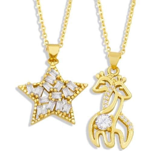 FLOLA Gold Chain Star Necklace For Women Copper CZ White Stone Animal Giraffe Pendant Necklace Girls Jewelry nkew60