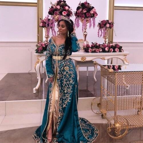 Elegant Long Sleeves Moroccan Kaftan Prom Dress Luxury Beaded Appliques Evening Dresses Islamic Muslim Party Gowns Custom Made
