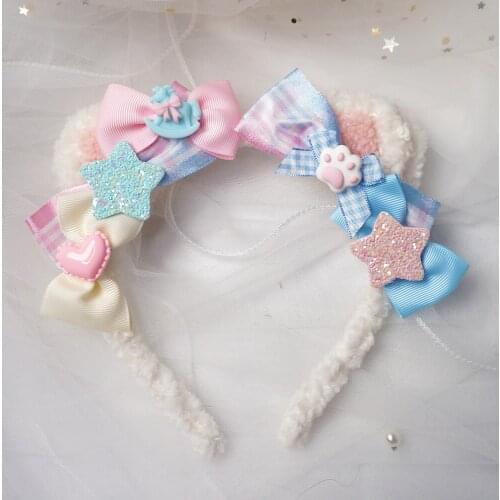 Handmade Lolita Plush Cat Ears KC Headband Japanese Style Sweet Lolita Pink Blue Coffee Bow Headband