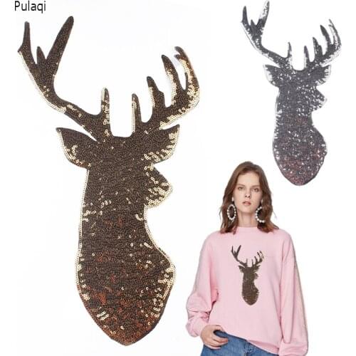 Pulaqi Christmas Decorations Elk Gold Silver Deer Sequin Appliques Embroidery Iron On Patches Sewing Patch Stickers For Clothing
