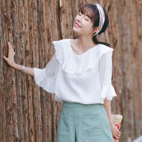 Chic White Chiffon Shirt Women Summer Peter Pan Collar Half Sleeves Blouse Top Female Student New Korean Loose Sweet Tops H9162