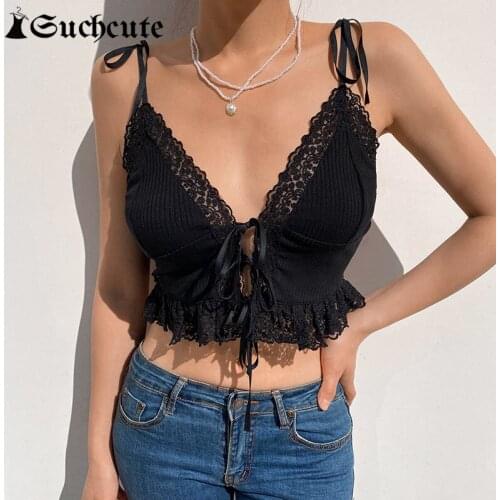 SUCHCUTE 2000s Aesthetic Tie Up Frill Ruffles Cami Tops For Women Solid Color Casual 90s Outfits Deep V-Neck Sexy Camisole