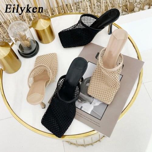 Eilyken 2021 New Hollow Breathable Mesh Woman Thin High Heels Slippers Summer Vintage Square Toe Mules Femme Shoes Pumps Sandals