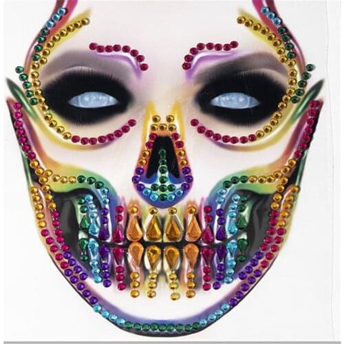High Quality Festival Skull Bone Face Jewel Rhinestone Sticker for Carnival Night Clubbing Makeup Body Art Fake Tattoo