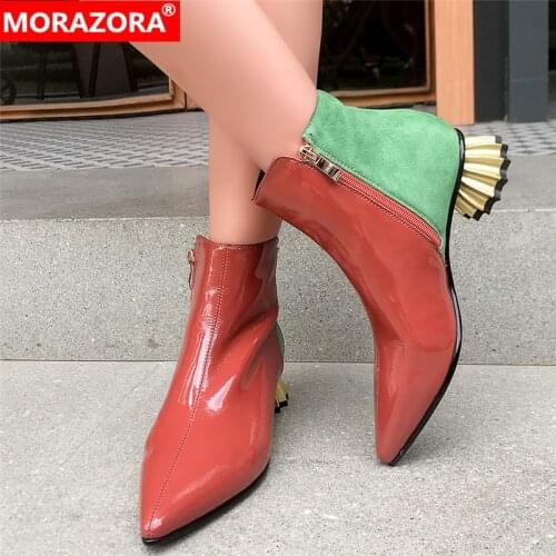 MORAZORA 2021 hot sale patent leather shoes women ankle boots mixed colors autumn low heels unique Motorcycle Boots woman