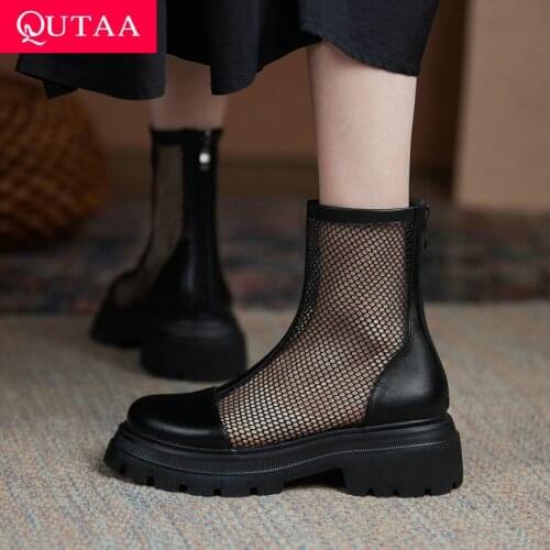 QUTAA 2021 Cool Boots Genuine Leather Mesh Zipper Female Pumps Spring Summer Round Toe Square High Heel Women Shoes Size 34-40