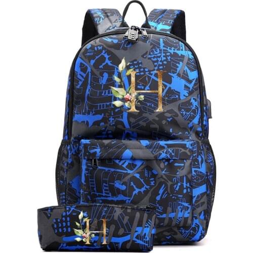 26 English Letters USB Backpack Your Name Teenager School Bag Women Travel Rucksack Large Mochila Escolar School 2 Pcs Set Blue