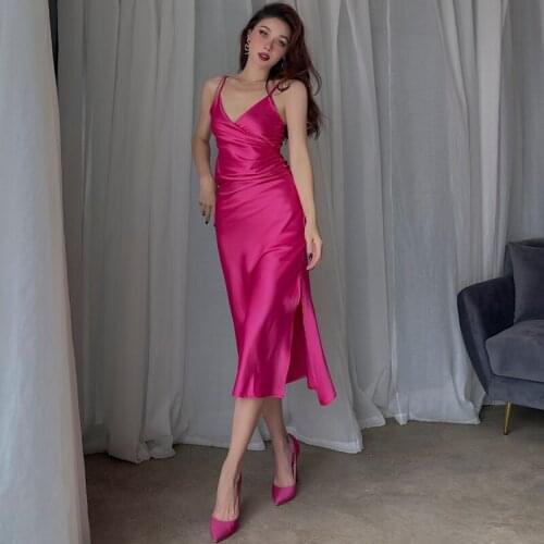2021 New Fall Fashion Satin Rose Pink Spaghetti Strap Dresses for Women Elegant Sexy V Neck Collect Waist High Slit Dress Party