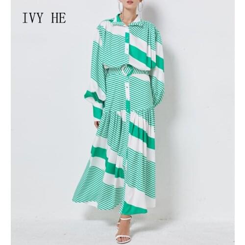 IVY HE High Quality Autumn Dress Woman Clothing Striped Shirt Fishtail Beach Holiday Maxi Long Dress Traf Robe ZA Party Dresses