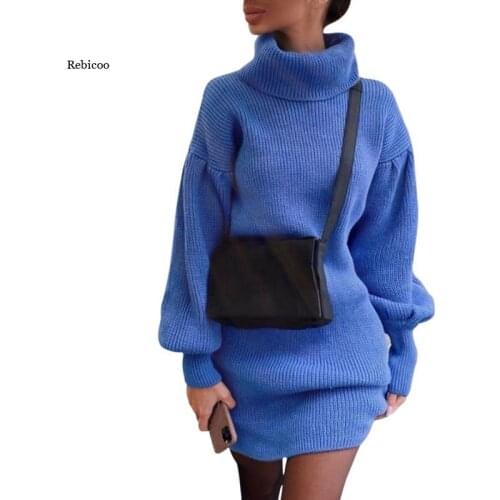 Women Sweater Dress Warm Turtleneck Vintage Lantern Sleeve Knitted Sweater Mini Dress Ladies Autumn Casual Loose Short Dresses