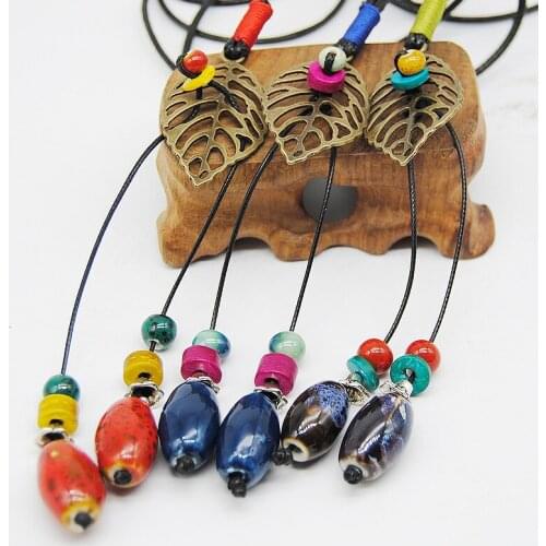 12 Pieces/Lot Long Rope Chain Necklaces Ceramic Beads Leaf Pendants Jewelry For Women Men Charm Choker Necklace Sweater Jewelry