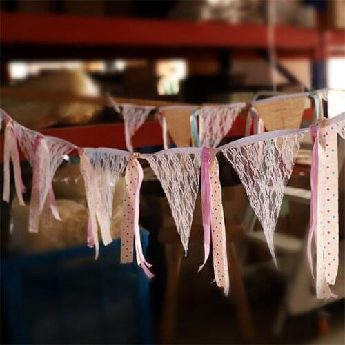3.5M 12flags Burlap Flower Lace Wedding Decoration Bunting Vintage Banners Photo Prop Home Garland Room Decor Linen Lace Bunting