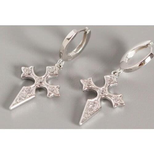 Aide 925 Sterling Silver Shiny Zircon Cross Pendant Hoop Earrings For Women Girls Clear Crystal Gift Pendientes Party Fine Jewel