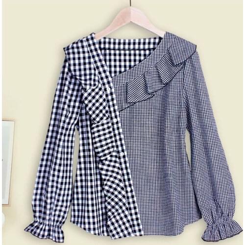 Womens Spring Autumn Style Blouses Shirt Womens Patchwork Button Skew Collar Ruffles Korean Loose Tops DD9102