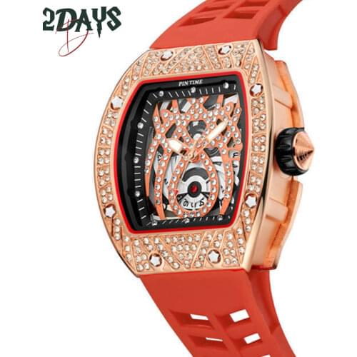 PINTIME Diamond Watch Men Creative Silicone Strap Quartz Watch Date Steampunk Skeleton Luxury Military Sports Clock Montre Homme