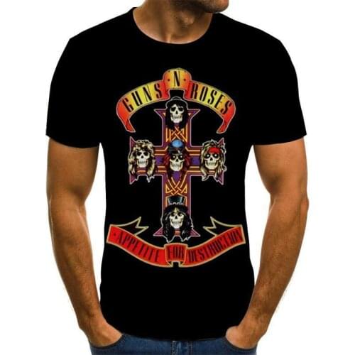 New Fashion Punk T Shirt Guns N Roses T-Shirt Men Black Tshirt Heavy Metal Tops 3D Gun Rose Print Dress Hip Hop Tees