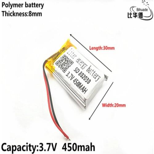 Good Qulity 3.7V,450mAH,802030 Polymer lithium ion / Li-ion battery for TOY,POWER BANK,GPS,mp3,mp4