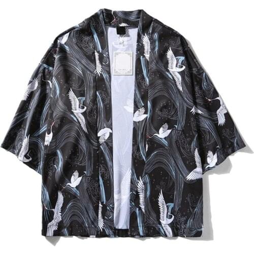 Japanese Crane Printed Kimono Cardigan Jackets 2019 Mens Japan Style 3/4 Sleeve Casual Streetwear Coats Fashion Outwear