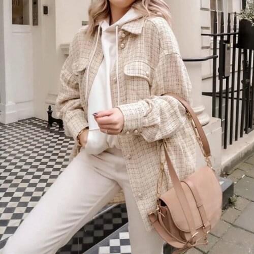 Merodi autumn fashion ladies khaki plaid loose shirt jackets women stylish jewelry button thick coat girl oversize jacket outwea