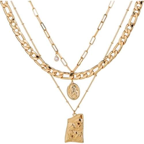 Fashion Metal Embossed Buddha Head Pendant Multilayer Sweater Chain Necklace for Women Birthday Present Party Jewelry