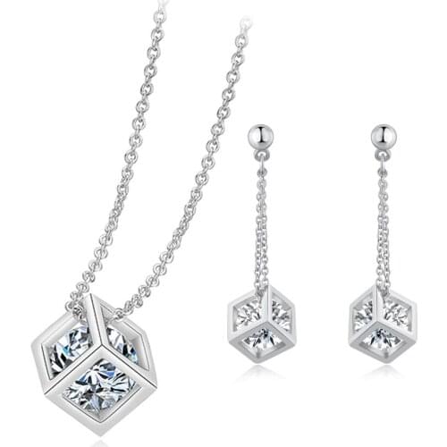 Fashionable Cube Crystal Sets For Woemn Girls Rose Gold Color AAA+CZ Necklace & Earring Fashion Jewelry S058