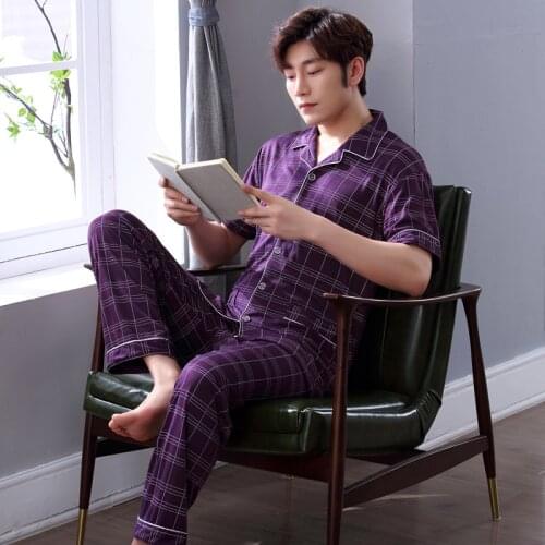 Soft Autumn Casual Plaid Cotton Pajama Sets for Men Short Sleeve Long Pants Sleepwear Pyjama Male Homewear Lounge Wear Clothes