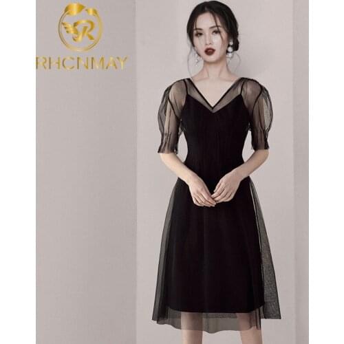 2020 Fashion Summer V-neck Mesh Party Dress Women Dresses Puff Sleeve Female Dress Casual Slim Midi Dress