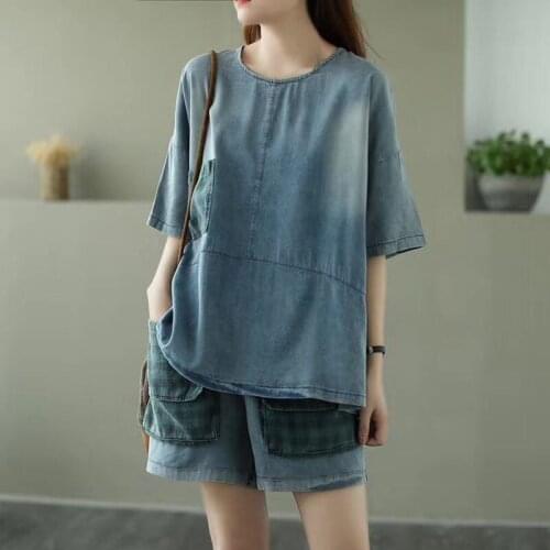 Original Denim Wide-leg Shorts Suit Female Summer New 2020 Large Size Loose Shirt And Jeans Casual Two-piece Set Outfit K492