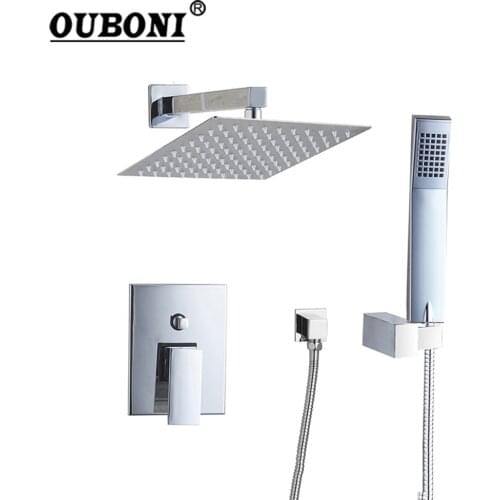 OUBONI 8 Inch Bathroom Shower Set Square Shower Head Wall Mounted Rainfall Bath Shower Faucet w/ Square Hand Shower Spout Set