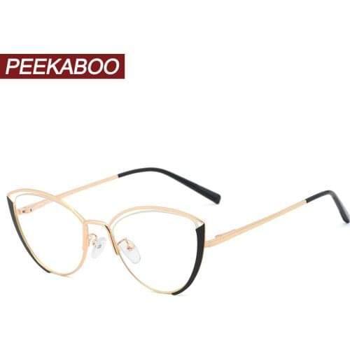 Peekaboo cat eye glasses frame women full metal gold computer blue light blocking glasses optical female half frame clear lens