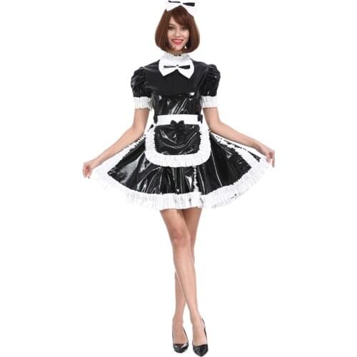 Sissy Girl Maid Lovely Bow Lockable PVC Black Dress Crossdress Cosplay Costume