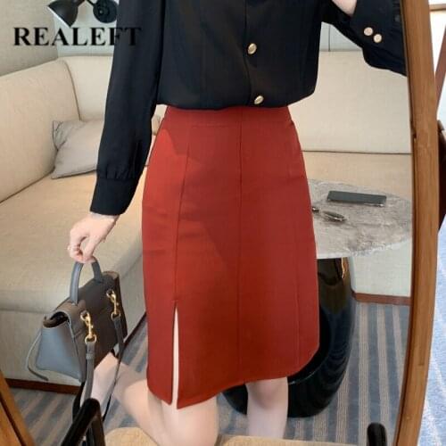 REALEFT Summer 2021 New Work Wear Front Split Women Sheath Midi Skirts Korean OL Style Patchwork High Waist Wrap Pencil Skirts