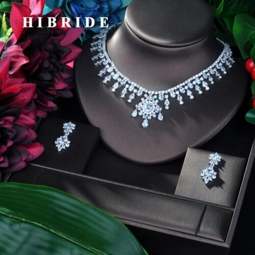 HIBRIDE Luxury Women Wedding Jewelry Set AAA+ Zirconia 2pcs Necklace Earring Set New Flower Design Bridal Zirconia Set N-96