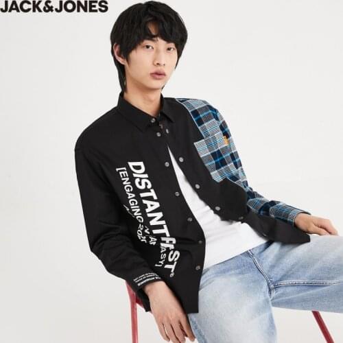 JackJones Mens 100% Cotton Plaid Splice Letter Printed Loose Fit Long-sleeved Shirt | 220305060