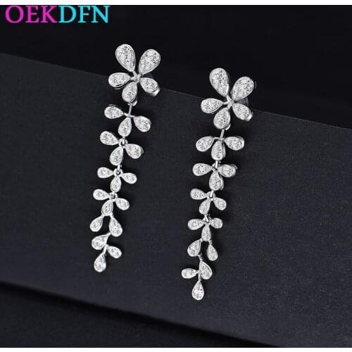 OEKDFN 100% 925 Sterling Silver Drop Earrings For Women Created Moissanite Gemstone Leaf Wedding Fine Jewelry Dangle Earrings