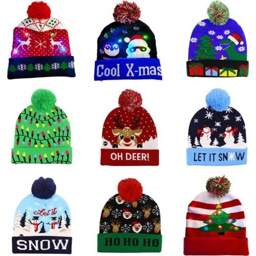 LED Christmas Hat Sweater Knitted Beanie Xmas Light Up Knitted Cotton Hat Christmas Gift for Kids Navidad New Year Decorations