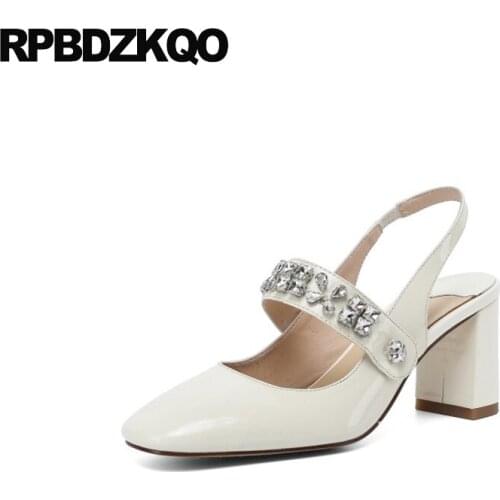 Strap Beige Patent Leather Crystal Women Pumps Block Heels Slingback Square Toe Catwalk High Mary Jane Rhinestone Thick Shoes